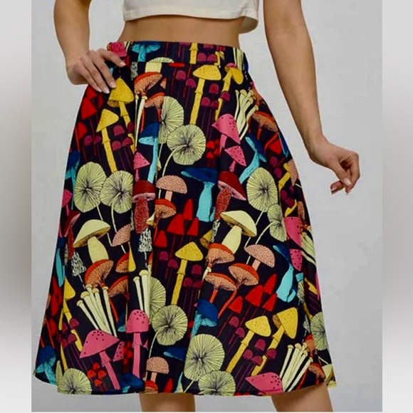 La Soul Dresses & Skirts - NWT LA Soul Mushroom Print Midi Skirt Sz M Retro Colorful Boho Hippie Sold Out